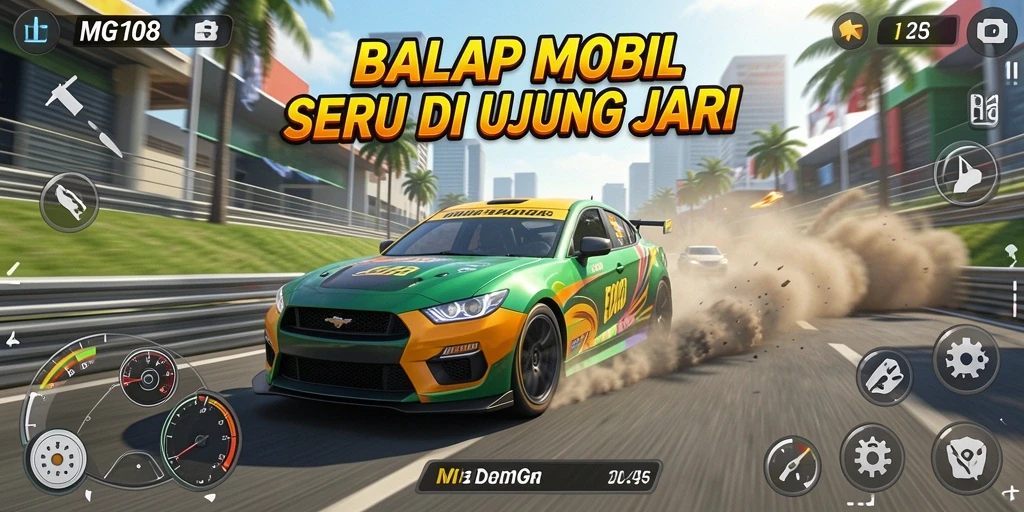 Screenshot menampilkan aksi balap seru dari MG108 dengan mobil berkecepatan tinggi.