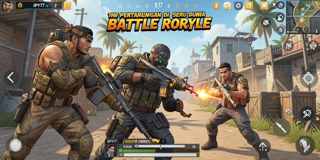 Tangkapan layar SPY77 menunjukkan aksi pertarungan Battle Royale yang mendebarkan.